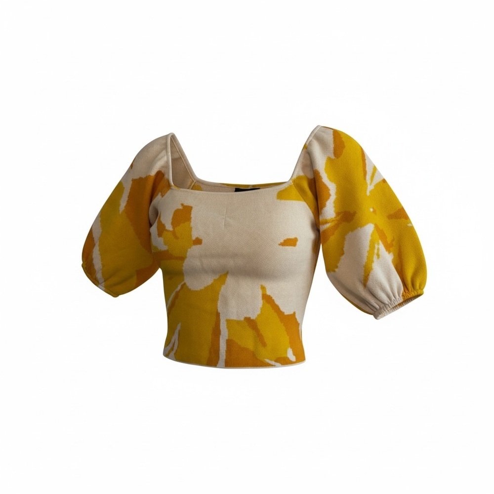 Elegant Puff Sleeve Crop Top in Yellow and Cream